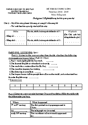 Đề thi Olympic môn Tiếng Anh Lớp 8 - Năm học 2014-2015 - Trường THCS Liên Châu (Có đáp án)